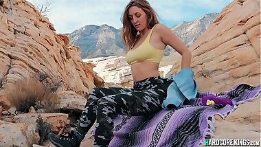 Horny brunette toys during hike